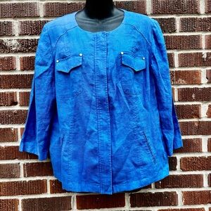Chicos Women’s Sz 2 Large Blue Linen Light Jacket 3/4 Sleeve Zip Front Pockets